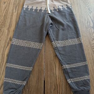 Women's Tan/Grey Geometric Tribal Print Casual Jogger Pants With Pockets Size S